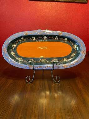 Kaja Signed 1996 Handcrafted Ceramic Oval Serving Platter Tray Blue Orange 16”